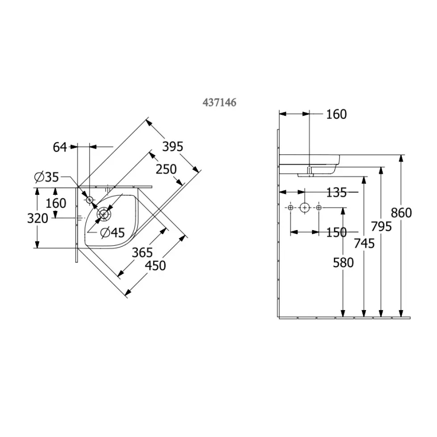 Villeroy & Boch 43714601 - Lavatório de canto suspenso SUBWAY 3.0 32x32 cm cerâmica/branco