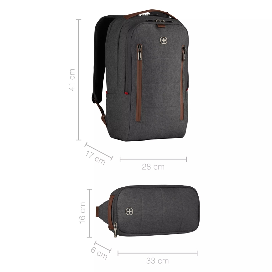Wenger - Mochila para portátil 15 l 16 com bolso para tablet 12 + bolsa crossbody City Upgrade 2 em 1 cinza