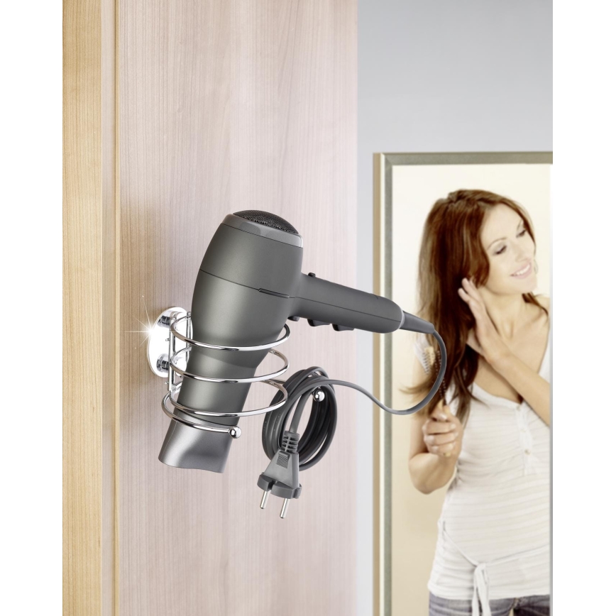WENKO 18770100-Suporte para secador de cabelo TURBO-LOC redondo em aço 14x11,5 cm cromado brilhante