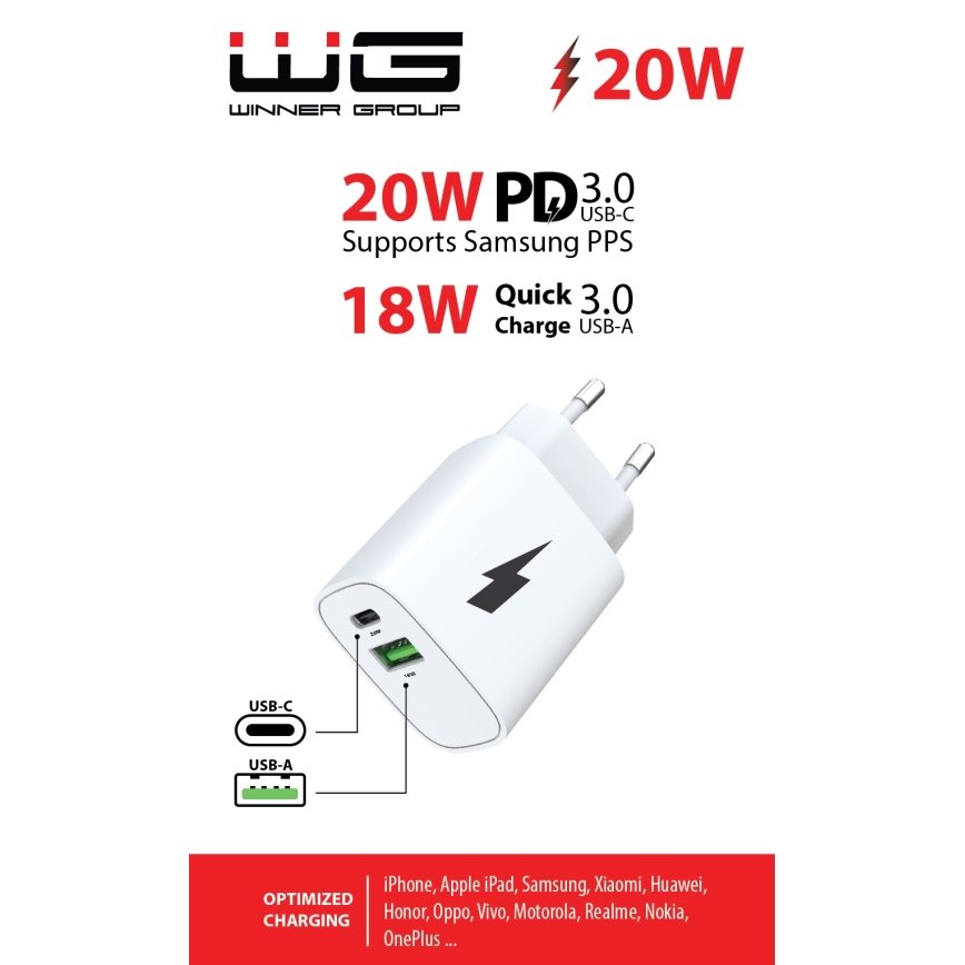 Winner Group - Adaptador de carga rápida 1x USB-C + 1x USB-A Power Delivery 20W branco