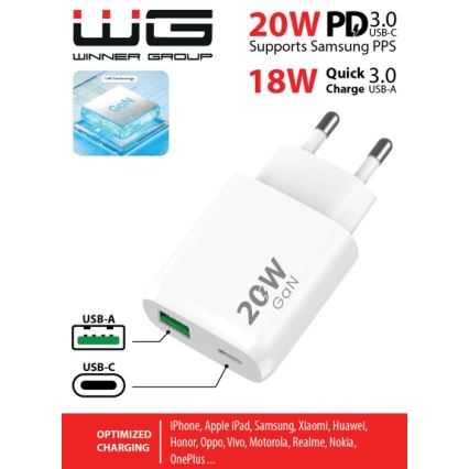 Winner Group - Adaptador de carregamento rápido 1xUSB-C + 1xUSB-A Power Delivery 20W branco