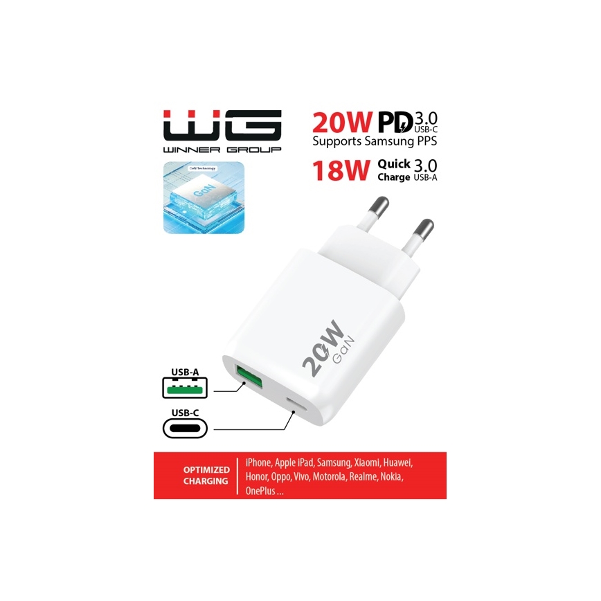 Winner Group - Adaptador de carregamento rápido 1xUSB-C + 1xUSB-A Power Delivery 20W branco