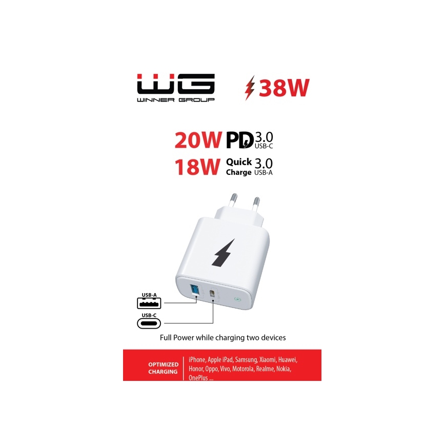 Winner Group - Adaptador de carregamento rápido 1xUSB-C + 1xUSB-A Power Delivery 38W branco