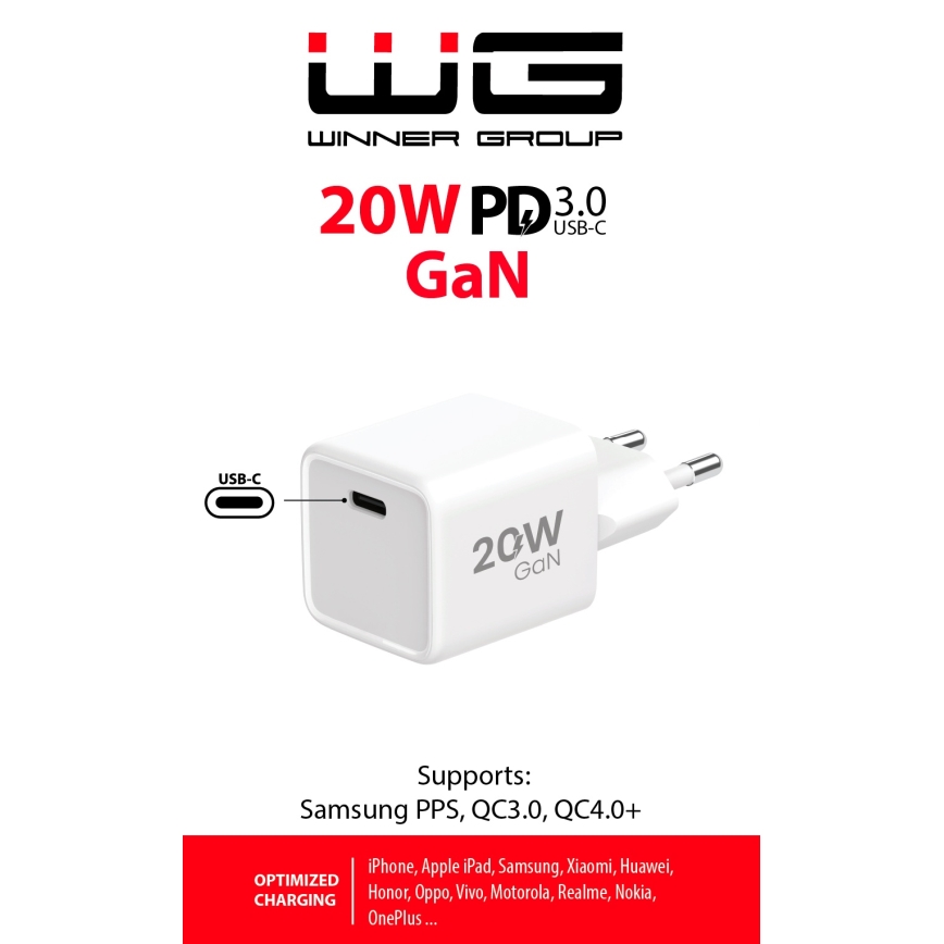 Winner Group - Adaptador de carregamento rápido 1xUSB-C Power Delivery 20W branco
