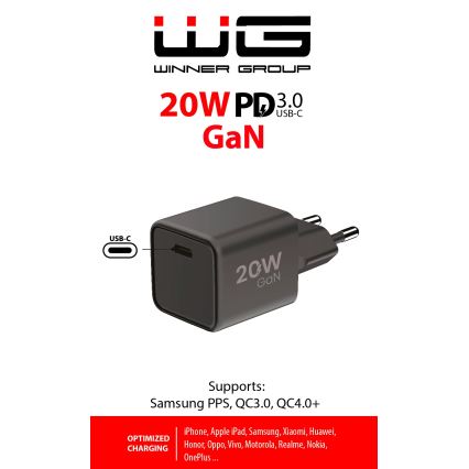 Winner Group - Adaptador de carregamento rápido 1xUSB-C Power Delivery 20W preto