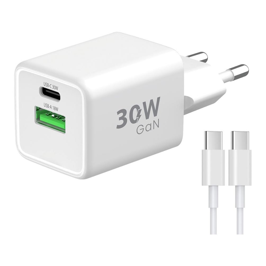 Winner Group - Adaptador de carregamento rápido 2xUSB PD 30W + cabo USB USB-C / USB-C 1m