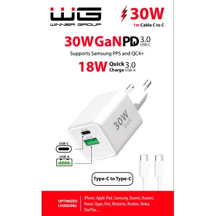 Winner Group - Adaptador de carregamento rápido 2xUSB PD 30W + cabo USB USB-C / USB-C 1m