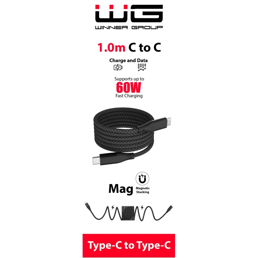 Winner Group - Cabo magnético USB USB-C / USB-C 60W 1m preto