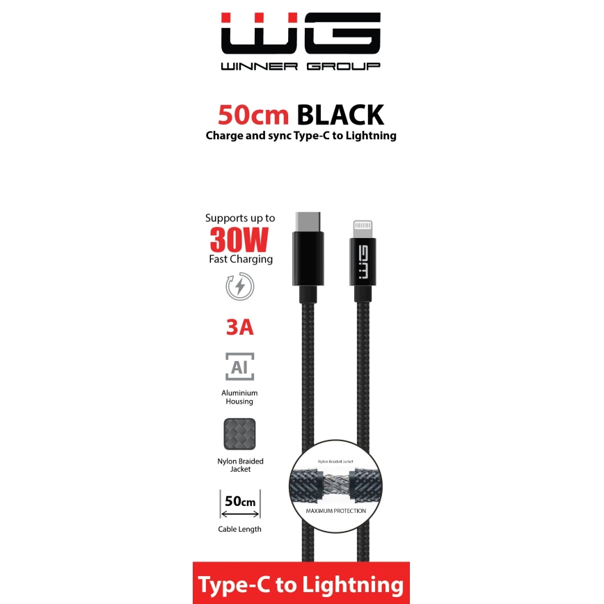 Winner Group - Cabo USB Lightning / USB-C 60W 50cm preto