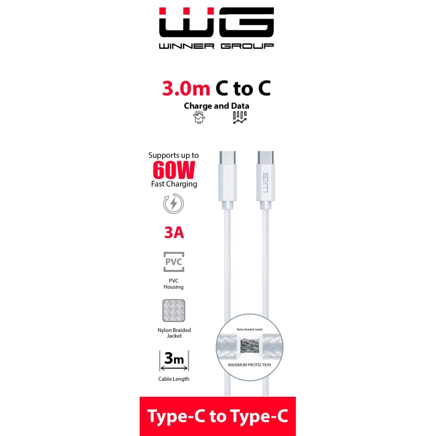 Winner Group - Cabo USB USB-C / USB-C 60W 3m branco