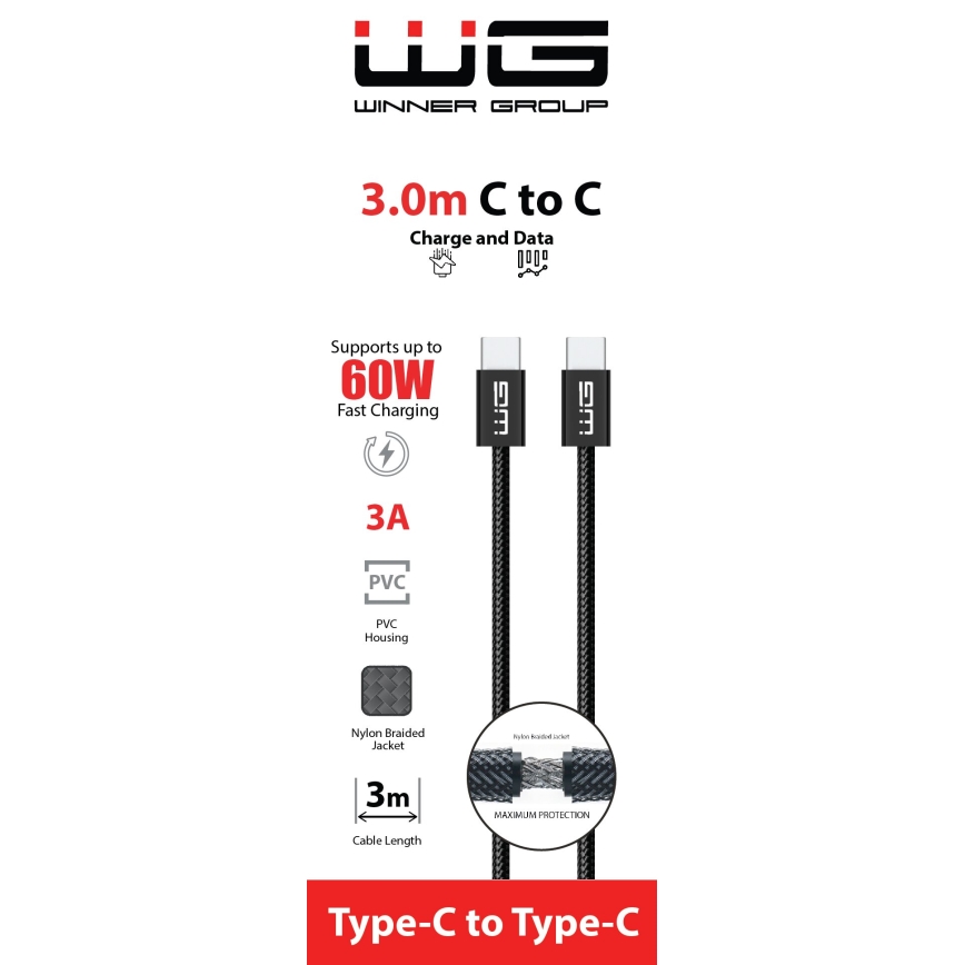 Winner Group - Cabo USB USB-C / USB-C 60W 3m preto