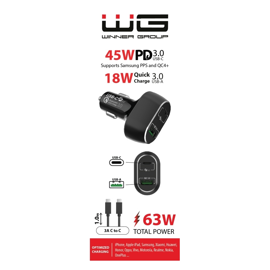 Winner Group - Carregador de carro 1xUSB-C + 1xUSB-A Power Delivery 63W + cabo USB USB-C / USB-C 1 m preto