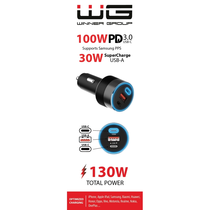 Winner Group - Carregador de carro 2xUSB-C + 1xUSB-A Power Delivery 130W preto