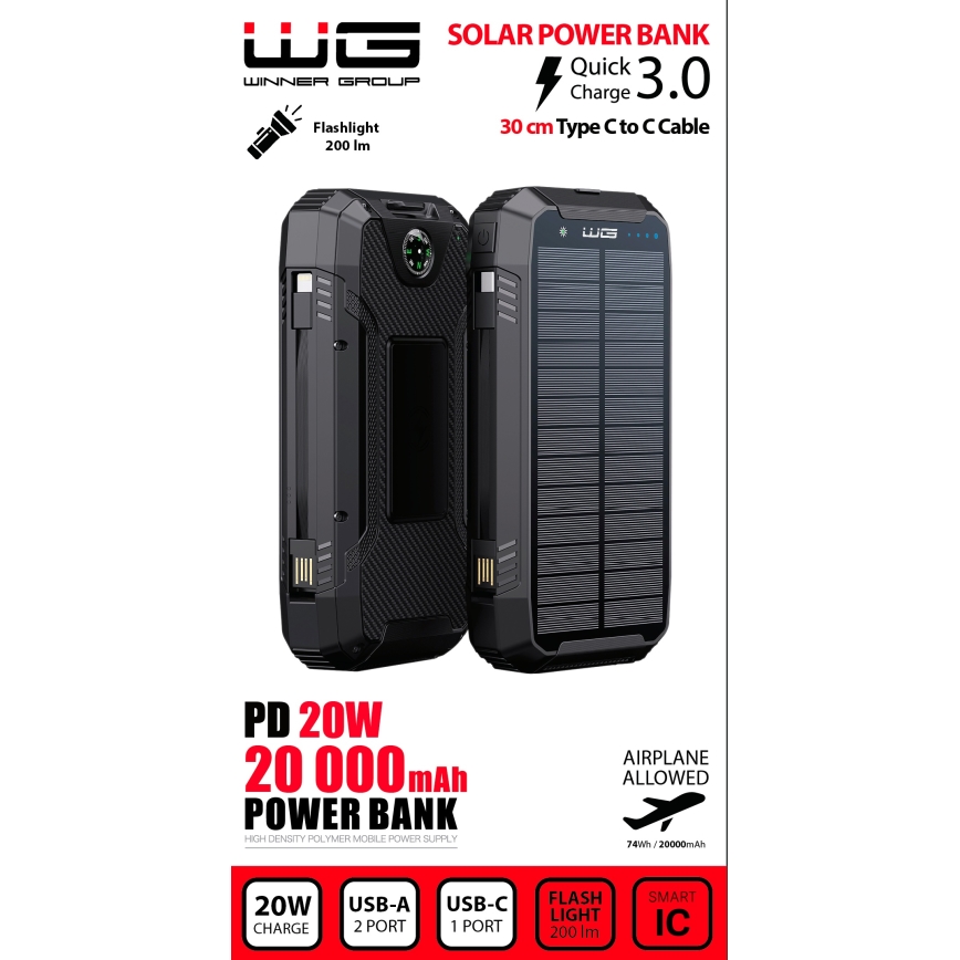Winner Group - Power Bank com carregamento sem fios e painel solar 20000 mAh 20W PD