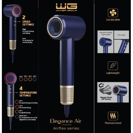 Winner Group - Secador de cabelo com ionizador Elegance Air 1600W/230V azul SCHUKO