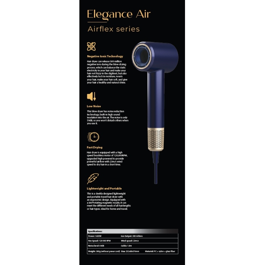 Winner Group - Secador de cabelo com ionizador Elegance Air 1600W/230V azul SCHUKO