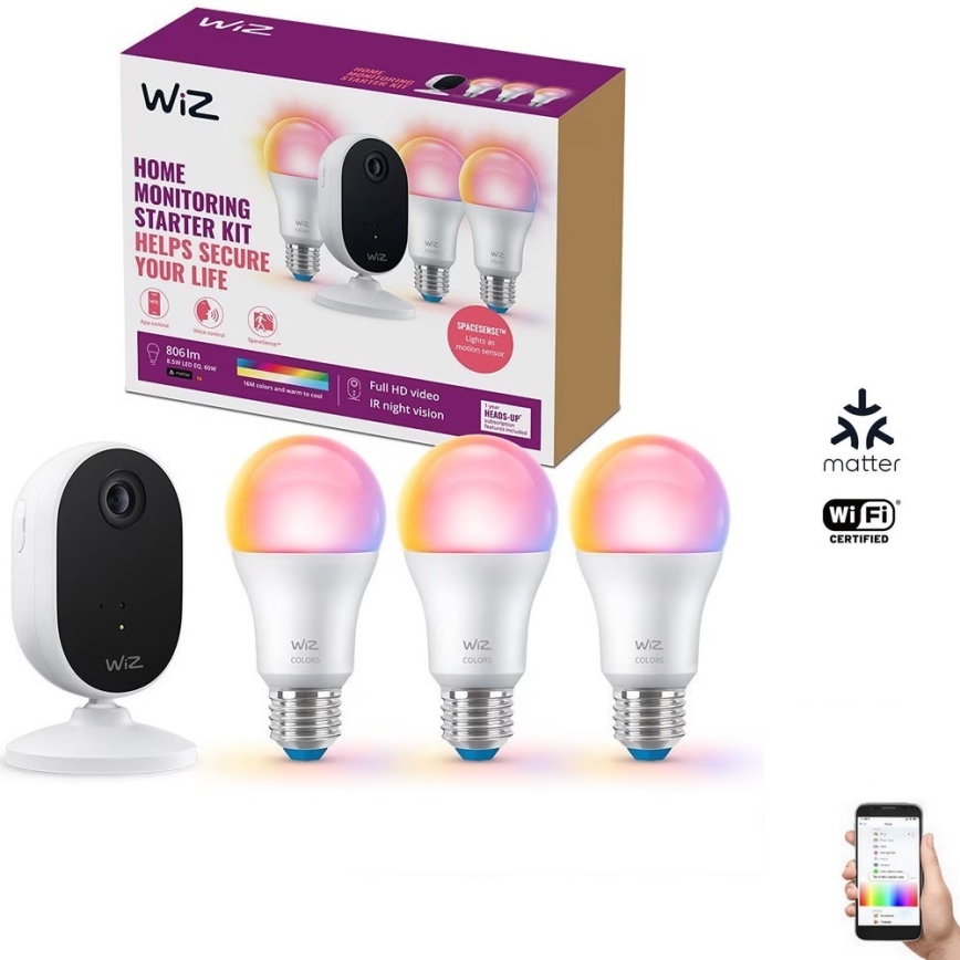 WiZ - Kit de monitoramento doméstico: 1x câmera + 3x lâmpadas LED RGB A60 E27/8,5W/230V Wi-Fi