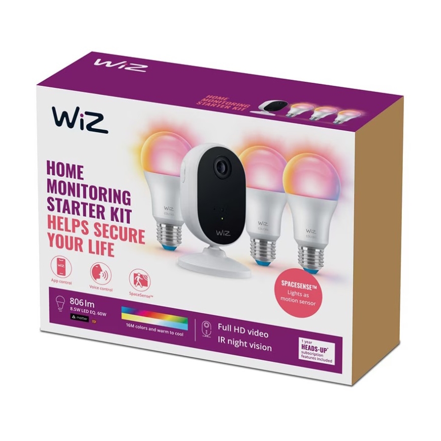 WiZ - Kit de monitoramento doméstico: 1x câmera + 3x lâmpadas LED RGB A60 E27/8,5W/230V Wi-Fi