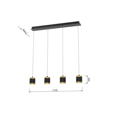 Wofi 7003-404 - Lustre LED dimerizável suspenso por cabo TOULOUSE 4xLED/8,5W/230V preto/dourado
