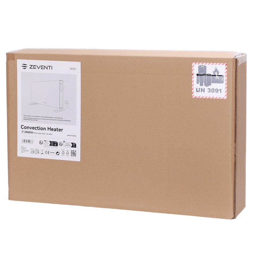 ZEVENTI - Aquecedor/convector elétrico com ecrã LCD 1250/2000W/230V preto + controlo remoto