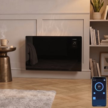 ZEVENTI - aquecedor elétrico mural/convector inteligente com ecrã LCD 1000/2000W/230V Wi-Fi preto