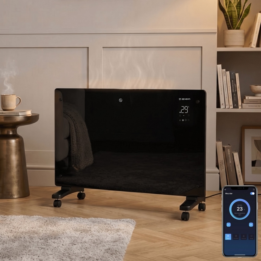 ZEVENTI - aquecedor elétrico mural/convector inteligente com ecrã LCD 1000/2000W/230V Wi-Fi preto