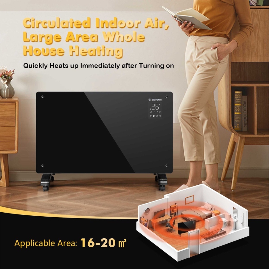 ZEVENTI - aquecedor elétrico mural/convector inteligente com ecrã LCD 1000/2000W/230V Wi-Fi preto