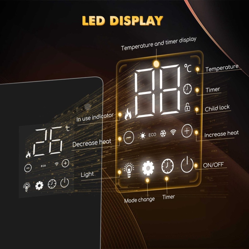 ZEVENTI - aquecedor elétrico mural/convector inteligente com ecrã LCD 1000/2000W/230V Wi-Fi preto