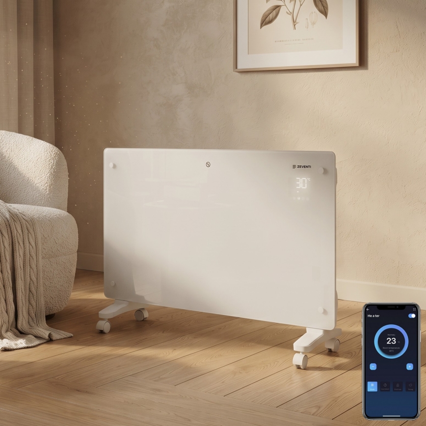 ZEVENTI - Aquecedor elétrico/convector de parede inteligente com ecrã LCD 1000/2000W/230V Wi-Fi branco