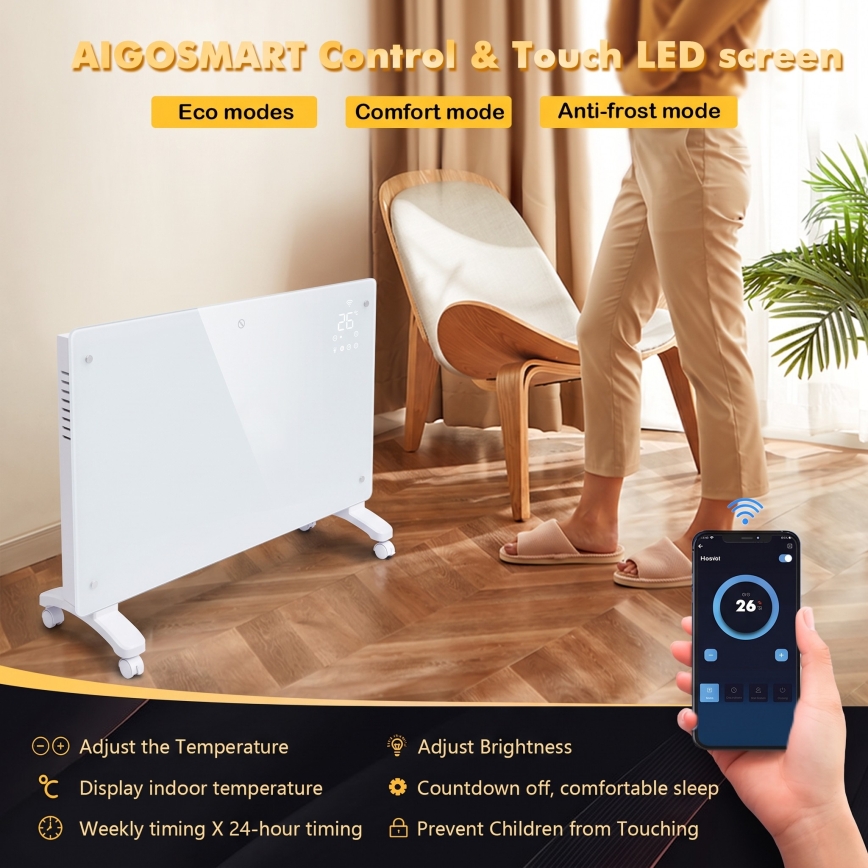 ZEVENTI - Aquecedor elétrico/convector de parede inteligente com ecrã LCD 1000/2000W/230V Wi-Fi branco