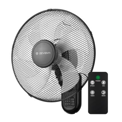 ZEVENTI - Ventilador de parede FANNY 45W/230V, diâmetro 41 cm, preto + comando remoto