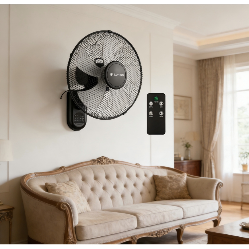 ZEVENTI - Ventilador de parede FANNY 45W/230V, diâmetro 41 cm, preto + comando remoto
