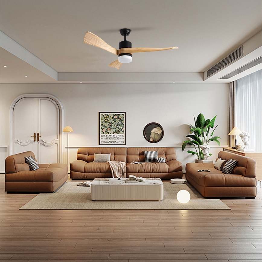 ZEVENTI - Ventilador de teto LED NATURITO LED/18W/230V 3000/4000/6000K Wi-Fi Tuya preto/carvalho + controlo remoto