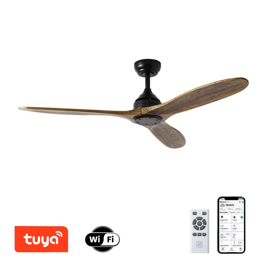 ZEVENTI - Ventilador de teto LAURIA Wi-Fi Tuya, preto/carvalho, com comando remoto
