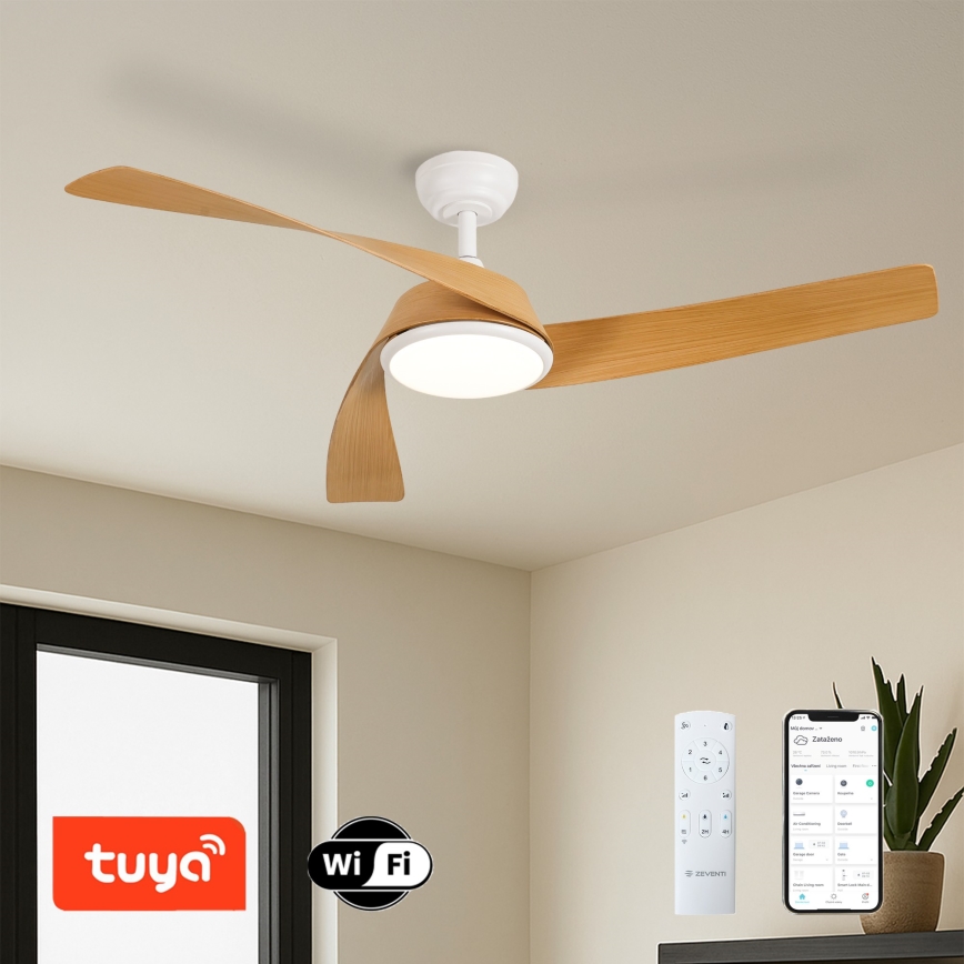 ZEVENTI - Ventilador de teto LED regulável AERYS LED/24W/230V 3000/4000/6000K Wi‑Fi Tuya branco/carvalho + controlo remoto