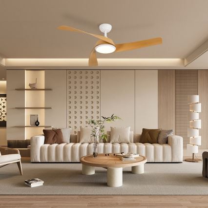 ZEVENTI - Ventilador de teto LED regulável AERYS LED/24W/230V 3000/4000/6000K Wi‑Fi Tuya branco/carvalho + controlo remoto