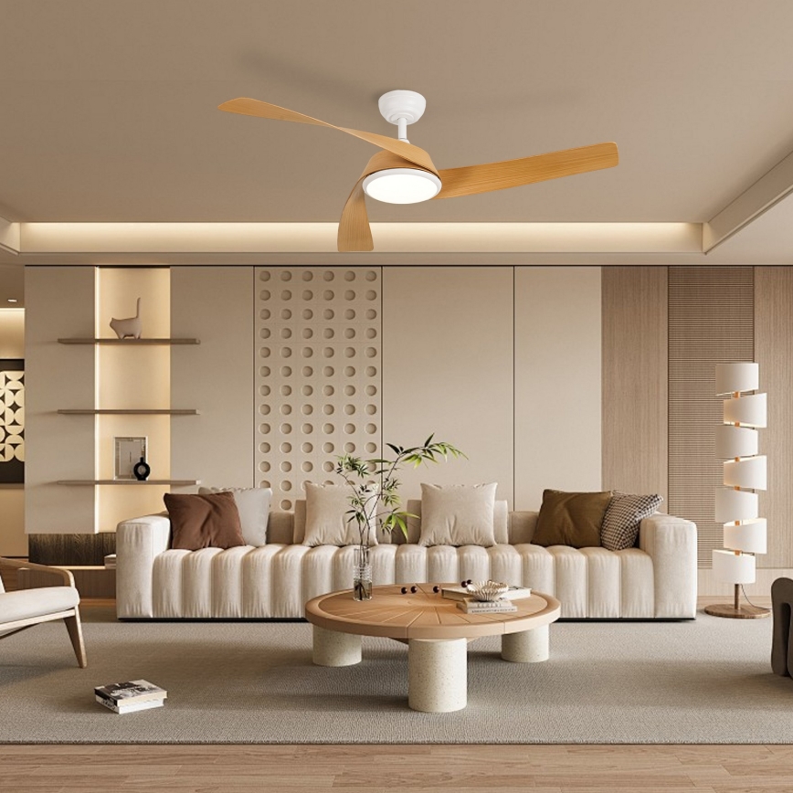 ZEVENTI - Ventilador de teto LED regulável AERYS LED/24W/230V 3000/4000/6000K Wi‑Fi Tuya branco/carvalho + controlo remoto