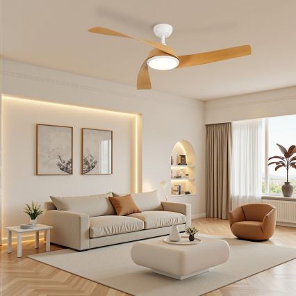 ZEVENTI - Ventilador de teto LED regulável AERYS LED/24W/230V 3000/4000/6000K Wi‑Fi Tuya branco/carvalho + controlo remoto