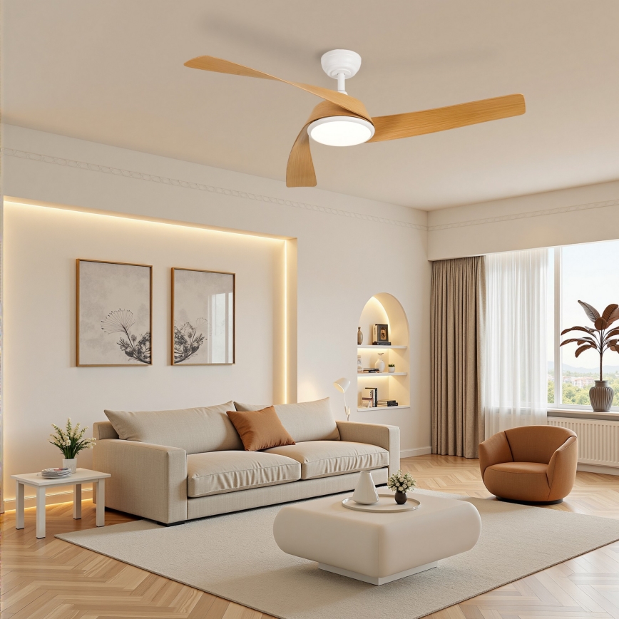 ZEVENTI - Ventilador de teto LED regulável AERYS LED/24W/230V 3000/4000/6000K Wi‑Fi Tuya branco/carvalho + controlo remoto