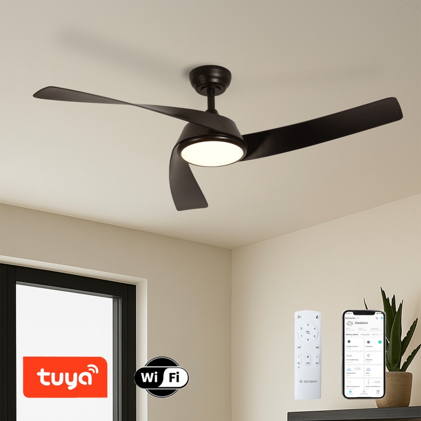 ZEVENTI - Ventilador de teto LED regulável AERYS LED/24W/230V 3000/4000/6000K Wi-Fi Tuya preto + comando remoto