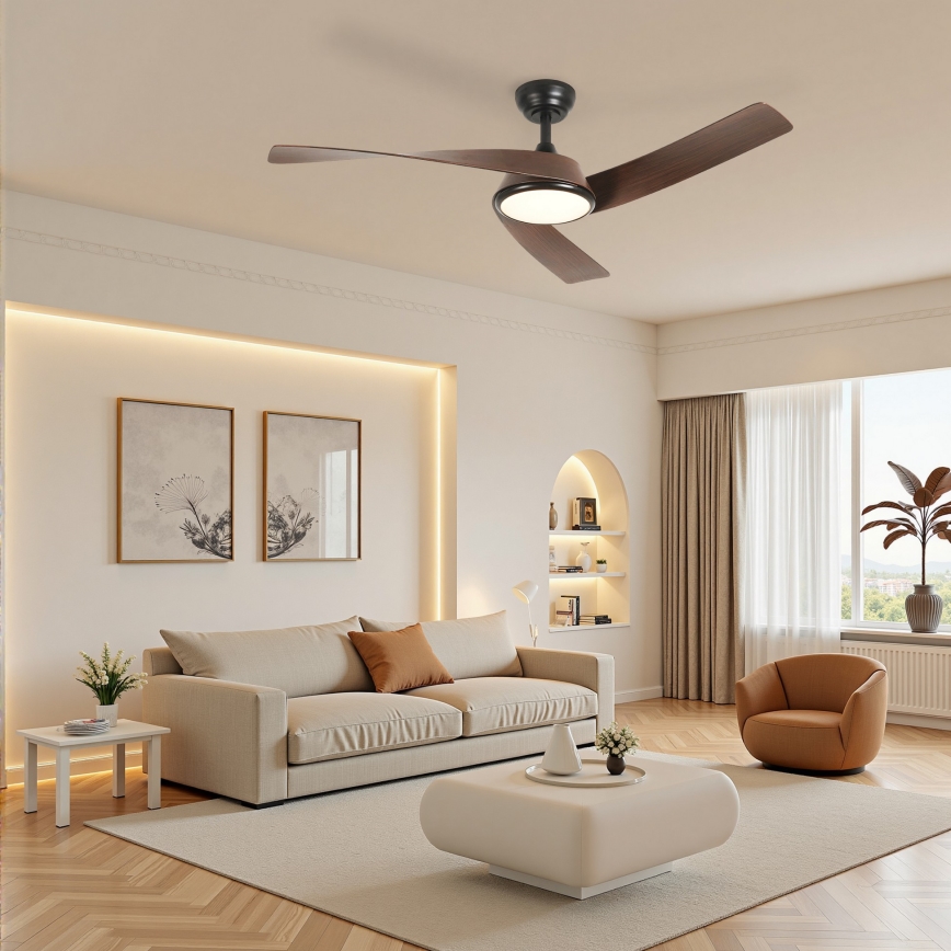 ZEVENTI - Ventilador de teto LED regulável AERYS LED/24W/230V 3000/4000/6000K Wi-Fi Tuya preto/nogueira + comando à distância