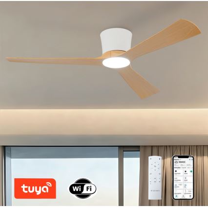 ZEVENTI - Ventilador de teto LED regulável AUREX LED/24W/230V 3000/4000/6000K Wi-Fi Tuya branco/carvalho + controlo remoto
