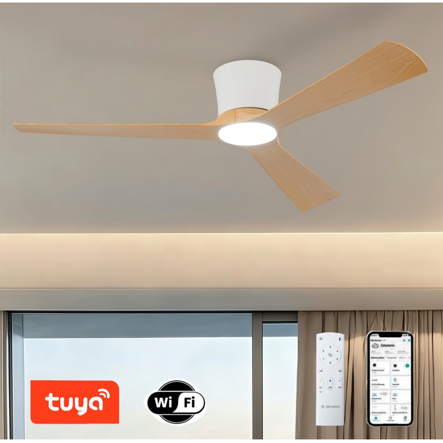 ZEVENTI - Ventilador de teto LED regulável AUREX LED/24W/230V 3000/4000/6000K Wi-Fi Tuya branco/carvalho + controlo remoto