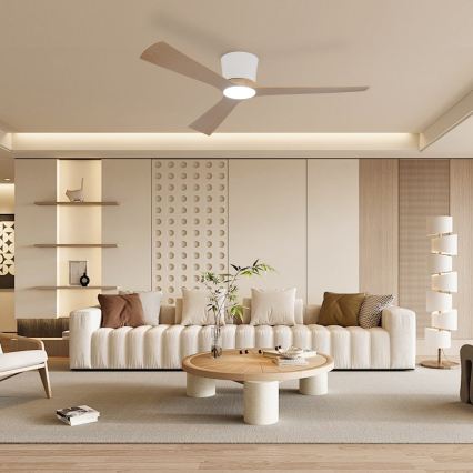 ZEVENTI - Ventilador de teto LED regulável AUREX LED/24W/230V 3000/4000/6000K Wi-Fi Tuya branco/carvalho + controlo remoto