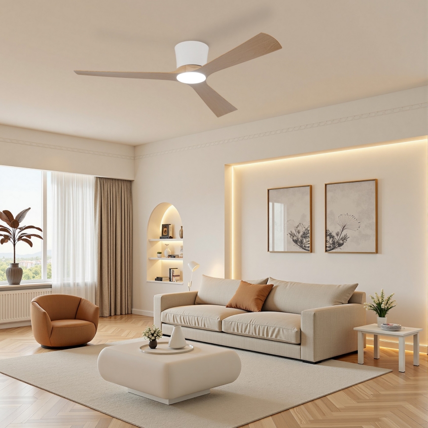ZEVENTI - Ventilador de teto LED regulável AUREX LED/24W/230V 3000/4000/6000K Wi-Fi Tuya branco/carvalho + controlo remoto