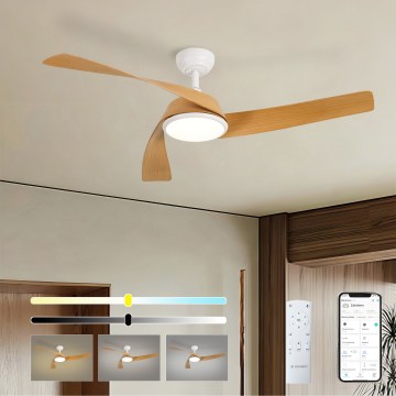 ZEVENTI - Ventilador de teto LED com dimmer AERYS LED/24W/230V 3000/4000/6000K Wi-Fi Tuya branco/carvalho + controlo remoto