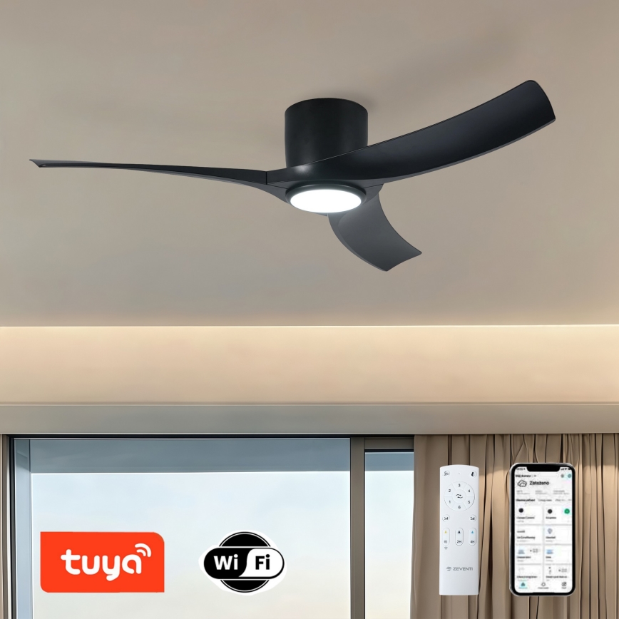 ZEVENTI - Ventilador de teto LED dimerizável ORBITO LED/24W/230V 3000/4000/6000K Wi-Fi Tuya preto + controlo remoto