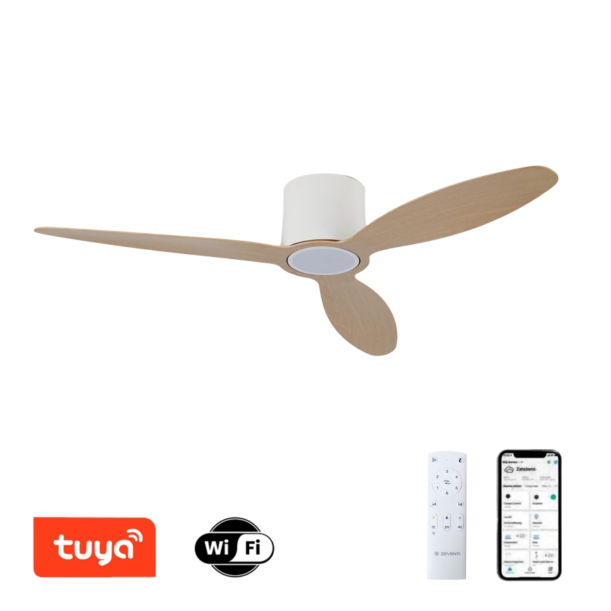 ZEVENTI - Ventilador de teto LED dimerizável VENTORA LED/24W/230V 3000/4000/6000K Wi-Fi Tuya branco/carvalho + controlo remoto