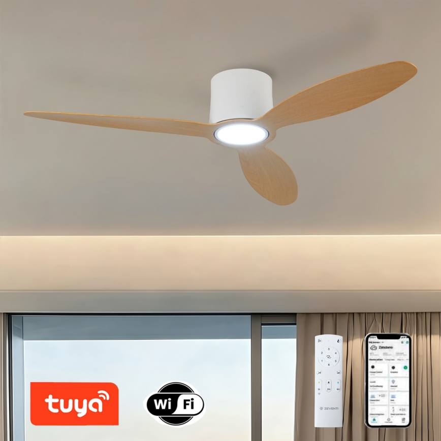 ZEVENTI - Ventilador de teto LED dimerizável VENTORA LED/24W/230V 3000/4000/6000K Wi-Fi Tuya branco/carvalho + controlo remoto