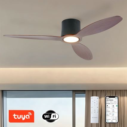 ZEVENTI - Ventilador de tecto LED regulável VENTORA LED/24W/230V 3000/4000/6000K Wi-Fi Tuya preto/nogueira + controlo remoto